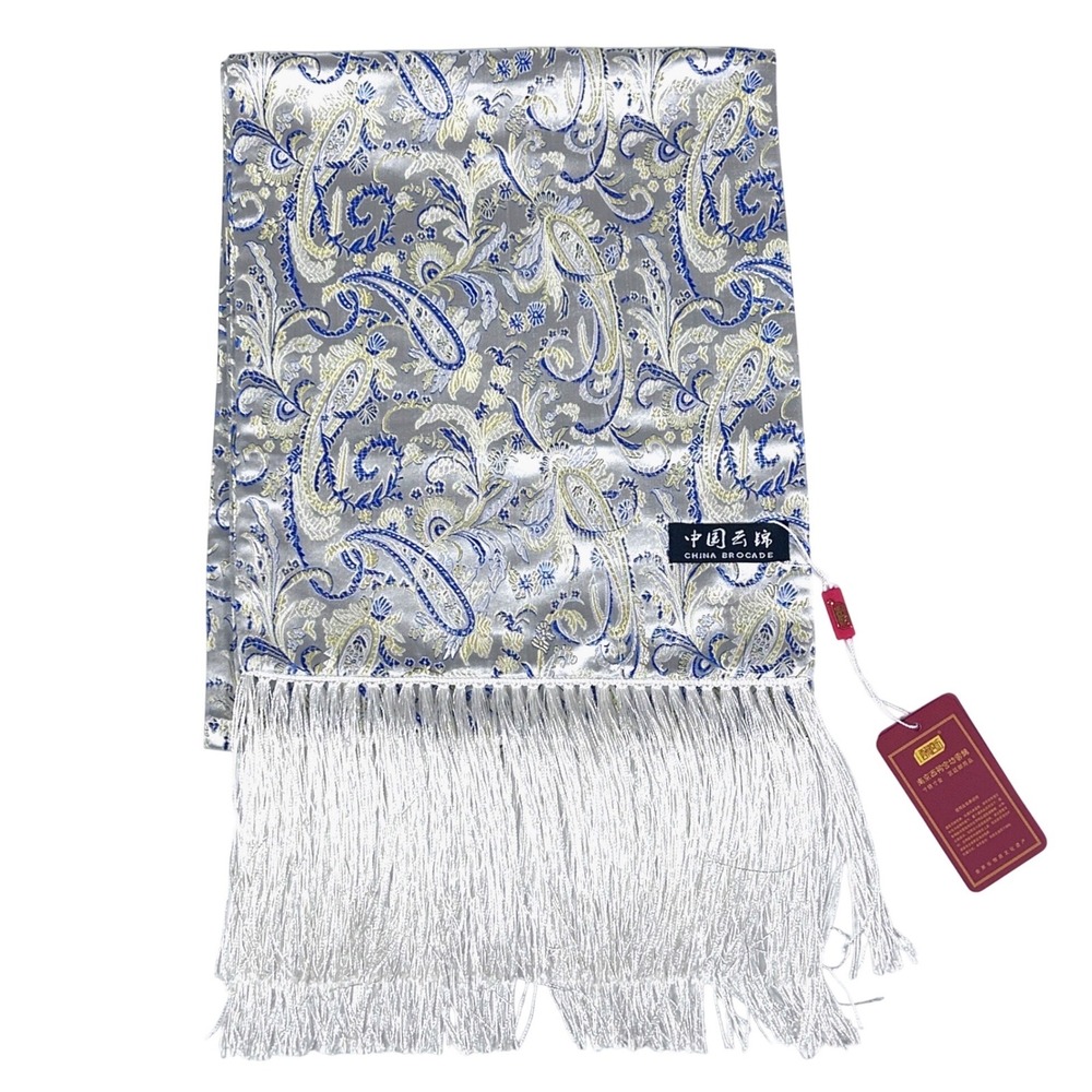 Nanjing Yunjin Chinese Brocade Table Runner 67" Blue Silver Paisley Fringe NWT